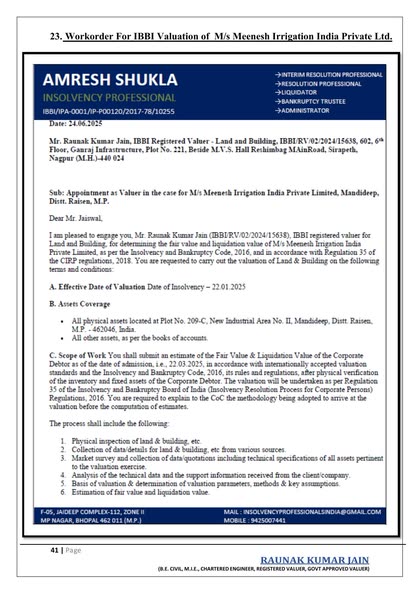 Meenesh Irrigation India — IBBI Valuation