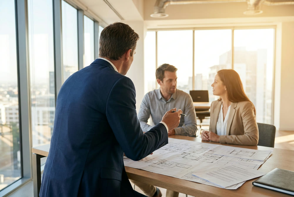 A valuation consultant explaining property documents to clients